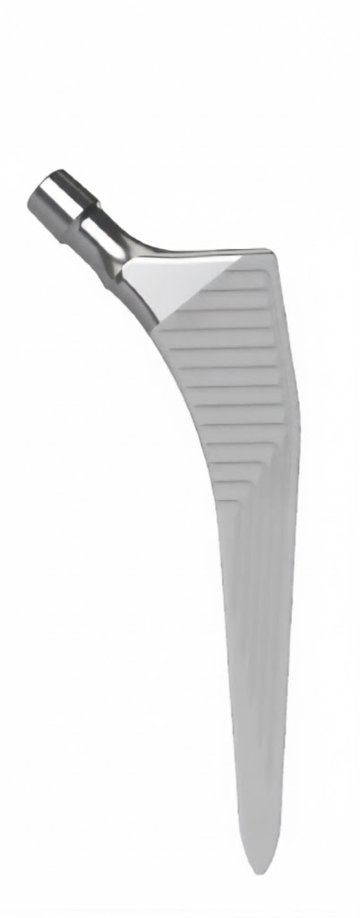 Heupsteel (femoral stem) - cementloze steel met gepolijste oppervlakte en geribbelde structuur voor bot-ingroei